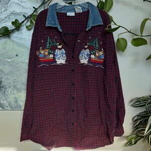 Bobbie Brooks Plaid Button Down with Snowman Embroidery